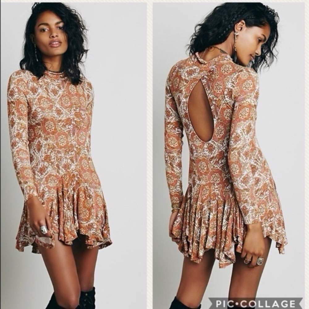 Free People Linen Blend Neutral Floral Print Mini Dress Tunic Top Blouse